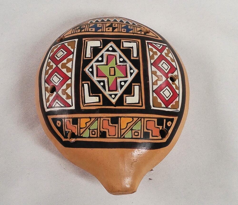 Peruvian Ceramic Ocarina Flute Hand Painted Folk Art Musical Instrument Peru